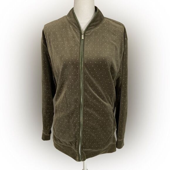 Vintage Y2K Jacket Women’s 1X Green Dress Barn Polka Dot Velour Full Zip Retro - Picture 1 of 11